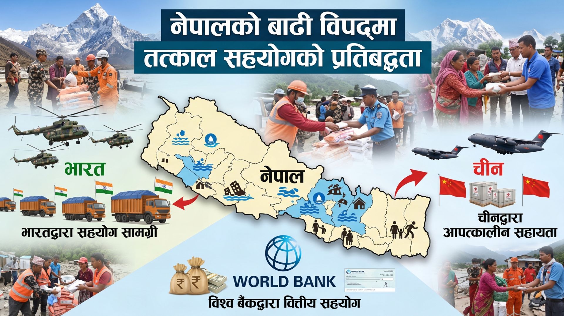 नेपालको बाढी विपद्मा भारत, चीन र विश्व बैंकद्वारा तत्काल सहयोगको प्रतिबद्धता